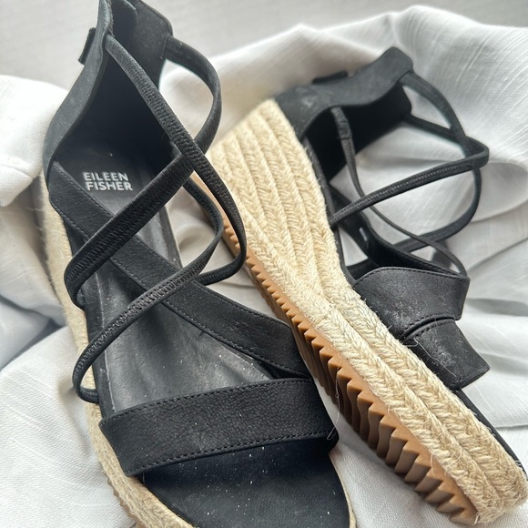 Eileen Fisher Black Wedge Sandals Espadrilles straps zipper back low heel  sz 8 - Picture 7 of 12